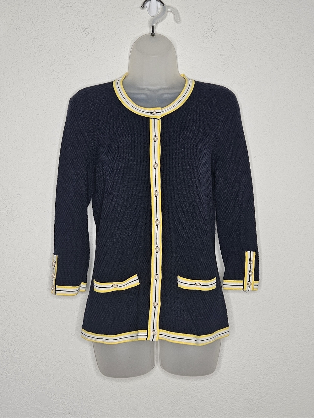 Talbots Navy Textured Knit Cardigan Sweater Yellow Trim Button Front Preppy